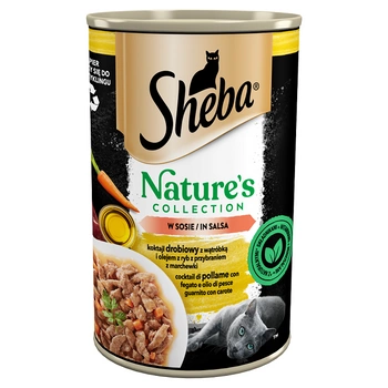SHEBA konzervdoboz 6x400 g Nature's Collection - nedves teljes értékű eledel felnőtt macskáknak, baromfi koktél májjal és halolajjal, sárgarépa körettel, mártásban.